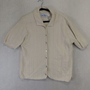 Cotton Forever Vintage Cream Knit Short Sleeve Cardigan Button Front Top Medium